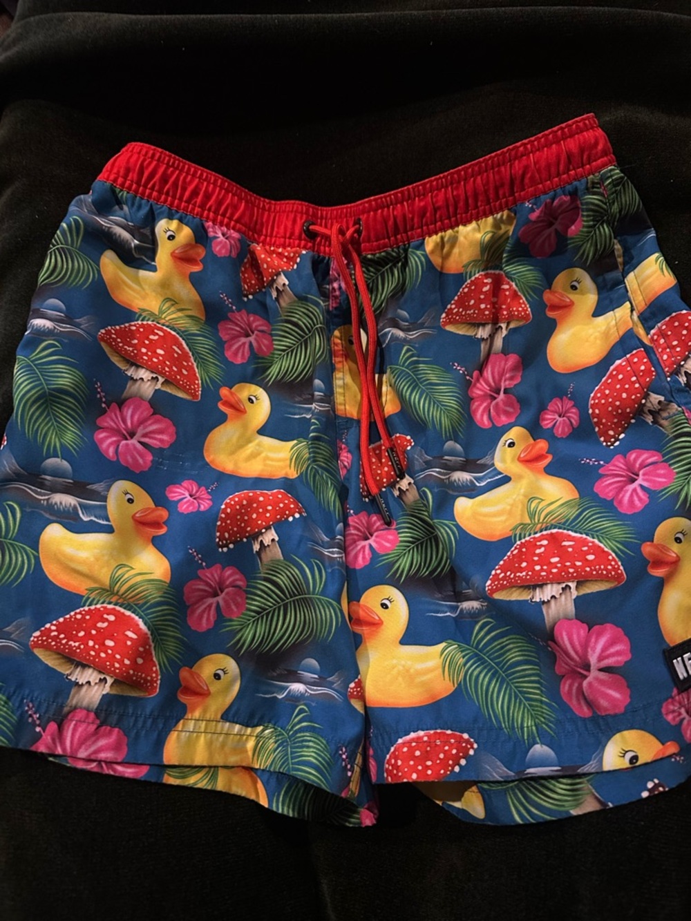 HUF Blue Swim Shorts with Yellow Ducks & Red Mushrooms